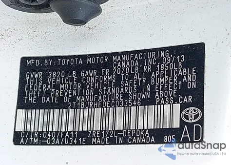 2014 Toyota Corolla L z USA, uszkodzony, nr VIN 2T1BURHE0EC033546